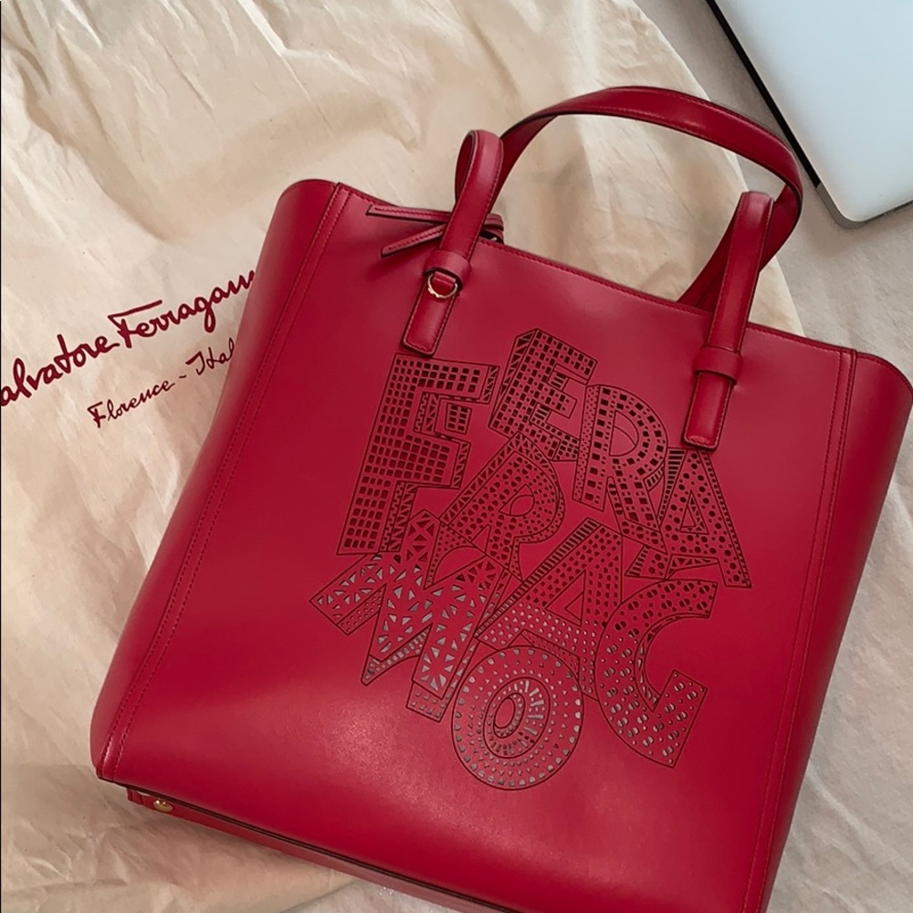 Ferragamo Red Laser Cut Leather Tote